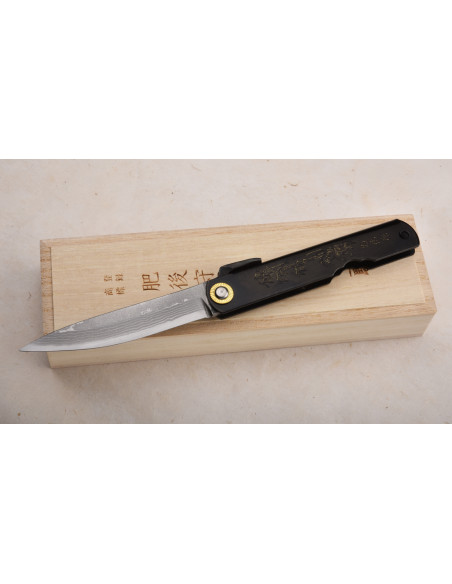 Higonokami Nagao -  Tiger & bamboo - Manche Laqué  noir, lame Suminagashi/damas - Manche 100mm