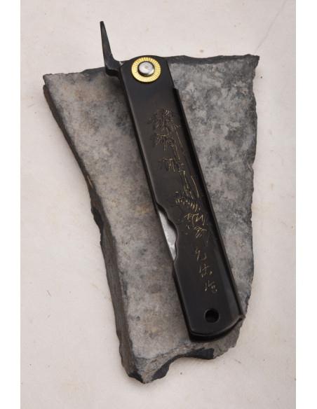 Higonokami Nagao -  Tiger & bamboo - Manche Laqué  noir, lame Suminagashi/damas - Manche 100mm