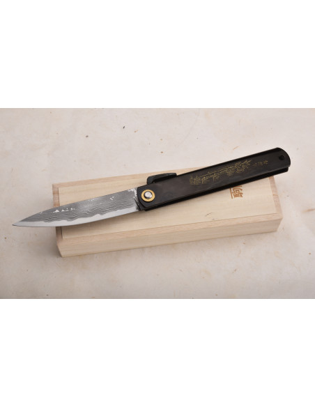 Higonokami Nagao -  Manche  laqué noir "Tiger & Bamboo", lame Suminagashi/damas - Manche 120mm