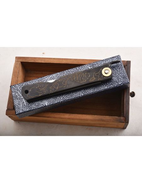 Higonokami Nagao - Manche  noir gravé - lame sanmai Aogami 75 mm