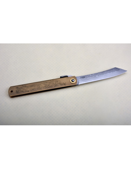 Higonokami Nagao -  Manche  laiton mat gravé, lame  damas Suminagashi/VG10 - Manche 120mm