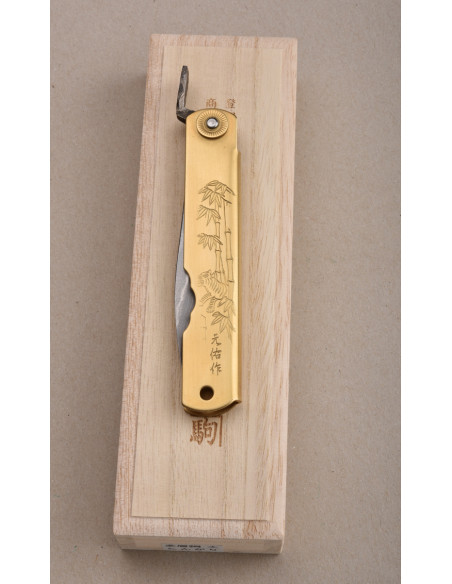 Higonokami Nagao -  Tiger & bamboo - Manche  laiton, lame Suminagashi/damas - Manche 100mm