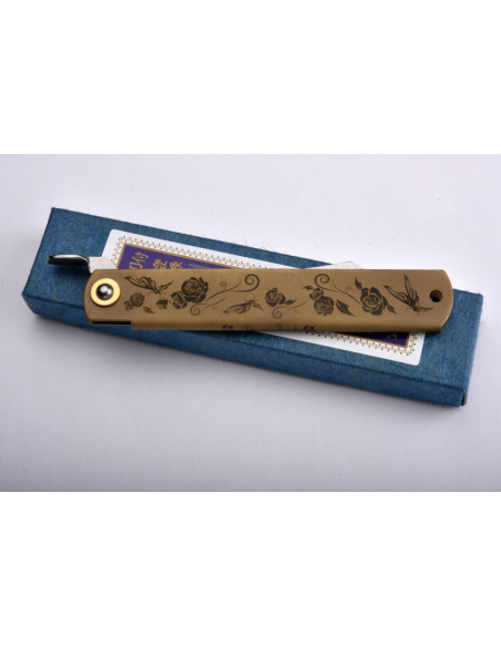 Higonokami Nagao -  Manche laiton patiné brun gravé, lame damas Suminagashi/VG10 - Manche 120mm