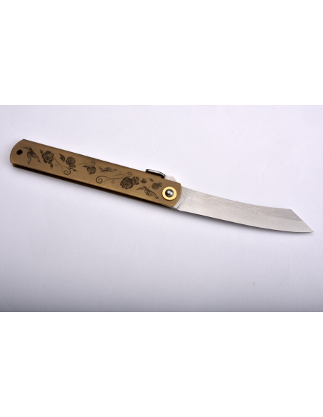 Higonokami Nagao -  Manche laiton patiné brun gravé, lame damas Suminagashi/VG10 - Manche 120mm