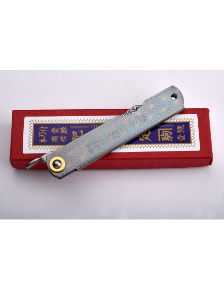 Higonokami Nagao Kanekoma - Manche en titane anodisé et décoré de motifs japonais - lame damas tsuchime