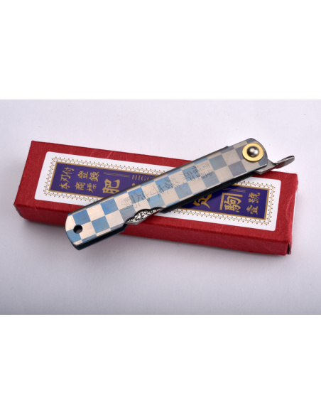 Higonokami Nagao Kanekoma - Manche en titane anodisé et décoré de motifs japonais - lame damas tsuchime