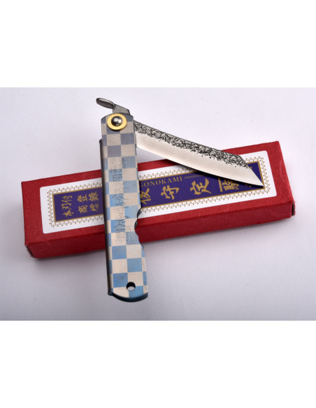Higonokami Nagao Kanekoma - Manche en titane anodisé et décoré de motifs japonais - lame damas tsuchime