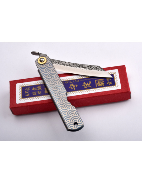 Higonokami Nagao Kanekoma - Manche en titane anodisé et décoré de motifs japonais - lame damas tsuchime